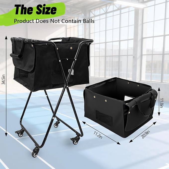 Tennis Ball Hopper Cart with 4 Wheels，Foldable Large Capacity Pickleball Tennis Ball Collector for Court Training, Coaching