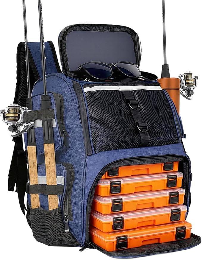 45L Fishing Tackle Backpack with Rod Holders, Waterproof Large Fishing Back Pack Storage Bags & Wraps Gear And Equipment for Men for Camping Hiking, Bottle Holder