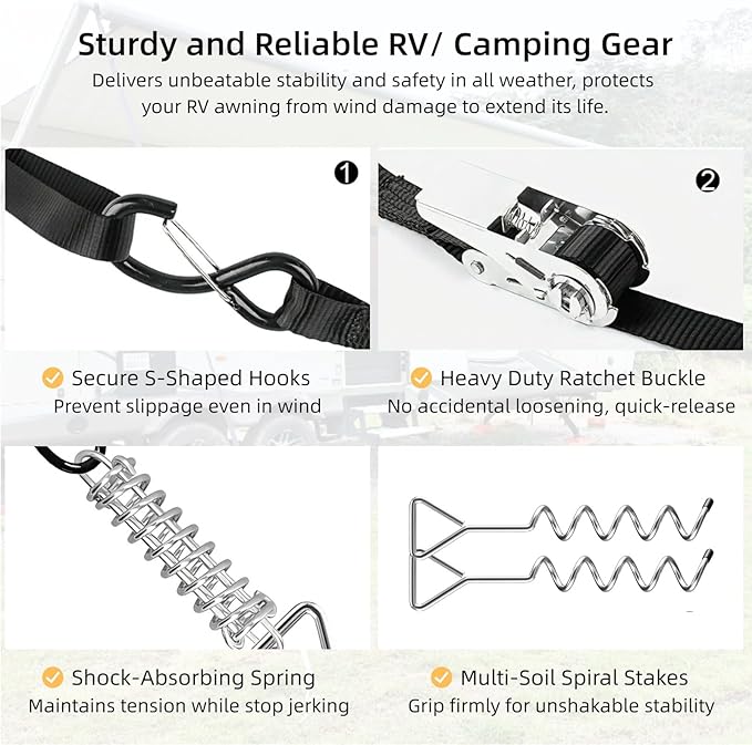 RV Awning Tie Down Kit for Wind-Proof - WanDwel Heavy Duty Camper Anchors Canopy Support Part with Shock Absorbing Spring & 13ft Ratchet Straps for Outdoor Travel Trailer Accessories Set