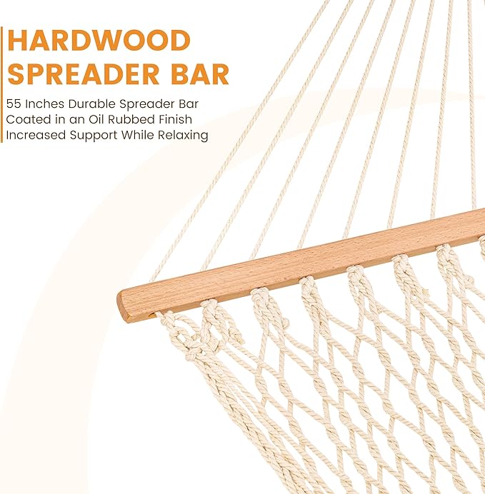 Lazy Daze Hammocks 12FT Double Rope Hammocks, 2 Person Hand Woven Cotton Hammock with Pillow and Spreader Bar for Outside, Patio, Poolside, FIT 13-15 Ft Stand, Max 450 Lbs, Natural, 141 x 57 inches