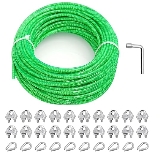 3/16" Clothes Line Outdoors, 100Ft Green PVC Coated Steel Cable Clip Clamp Kit, Multi-use Guide Wires for Climbing Grapevines Plants/Clothesline Wire for T Post/String Light Hanging Kit