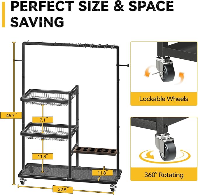 SOYEEZE Fishing Rod Holders for Garage, Fishing Pole Rack-360 Degree Rotating, Floor Stand Fishing Rod Storage Holds Up to 12 Rods, Space-Saving Pole Organizer with Unique Hook & Basket Design