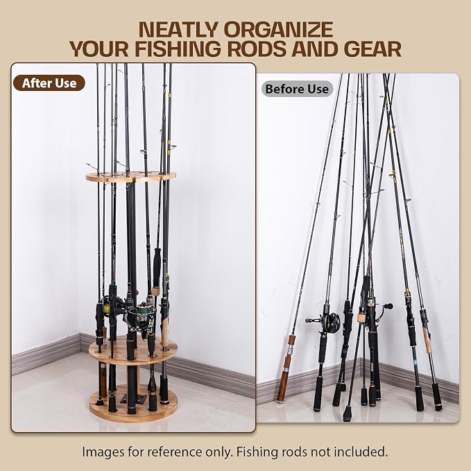 Goture Round Fishing Rod Holders for Garage, Floor Stand Holds up to 10 Rods, 2 Built-in Grooves, Solid Rubber Wood Fishing Gear Equipment Storage Organizer, Ideal Fishing Gift for Men Women