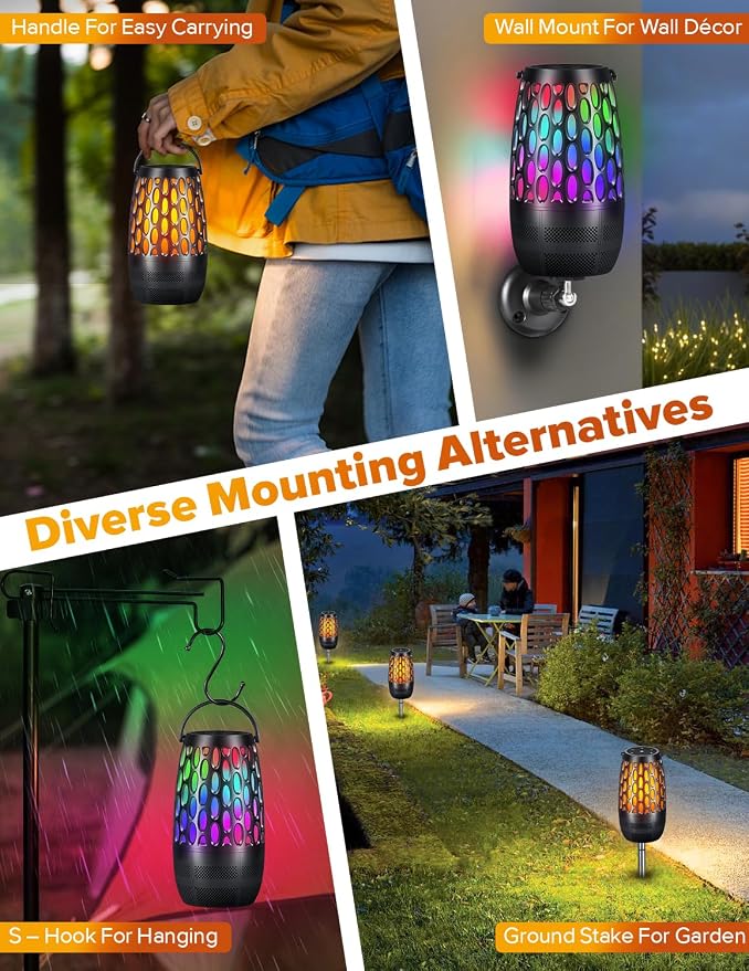 Upgraded Outdoor Speakers with Flame & RGB Lights, 10W HD Stereo, Bluetooth 5.3 Auto-Pairing, Multi-Sync 100+ Speakers, IPX6 Waterproof, Perfect for Patio, Pool, Party | Gifts for Men & Women(1Pack)