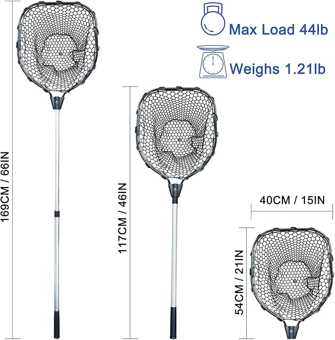 MASTERPRO Heavy-Duty Extendable Rubber Big Landing Nets, Maximum Load 44lbs, Silicone Fishing Net, with 47'' - 66'' Telescoping Aluminum Alloy Pole Handle for Saltwater Large Fish
