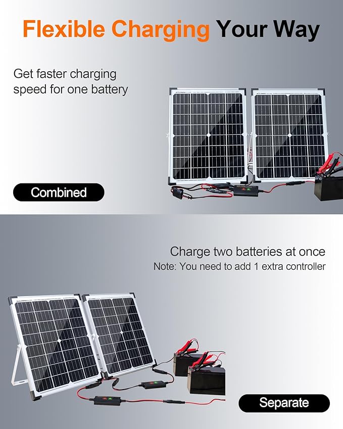 SOLPERK 12V 50W Solar Panel Kit, 2pcs 25W Solar Battery Maintainer+Waterproof 8A Controller+Adjustable Mount Bracket for Boat RV Car Motorcycle Marine Automotive