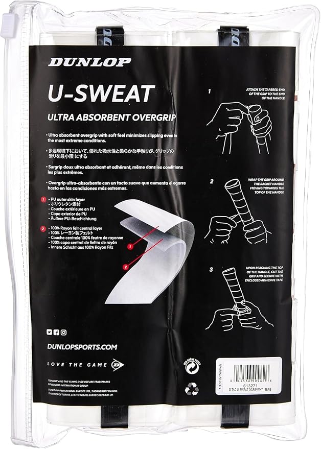Dunlop Sports U-Sweat Tennis/Squash/Badminton/Padel OVERGRIP (3-Pack, 12-Pack, 30-Pack Roll) (Black & White Colors) (Super Absorbent, Moisture Wicking Construction, Comfortable, Cushioned Surface)