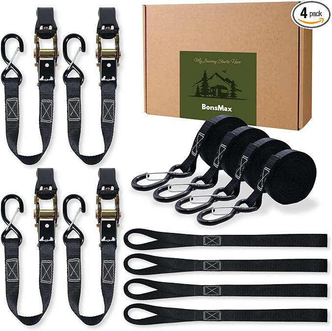 Ratchet Tie Down Straps with Soft Loops 4-Pack| 1 inch x 15 ft | Securing Cargo Strap for Car Roof Rack, Trailer, Kayak, Pickup Truck Bed