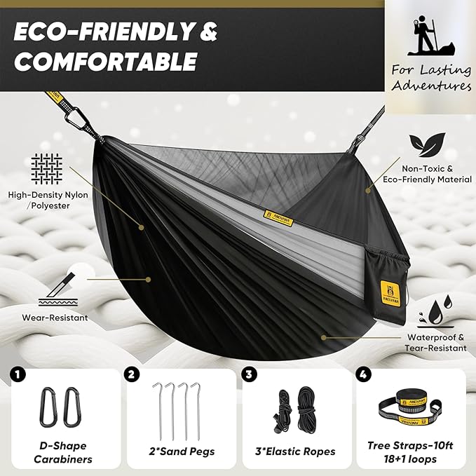 Camping Hammock with Mosquito Net, 600 lbs Portable Hammock with Tree Straps, 2-in-1 Double/Single Travel Hammock Tent for Outside/Indoor/Backpacking/Beach - Black & Gray