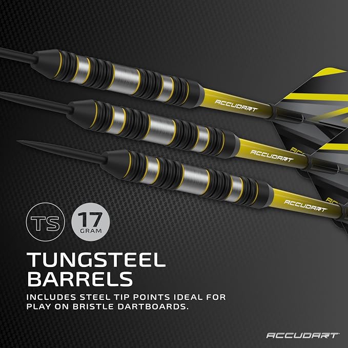 Accudart Steel Tip Dart Set 4.0 – 17g Tungsteel Barrels with Round‑Groove Grip, Polycarbonate Shafts, Standard Flights, Pocket Wallet Storage