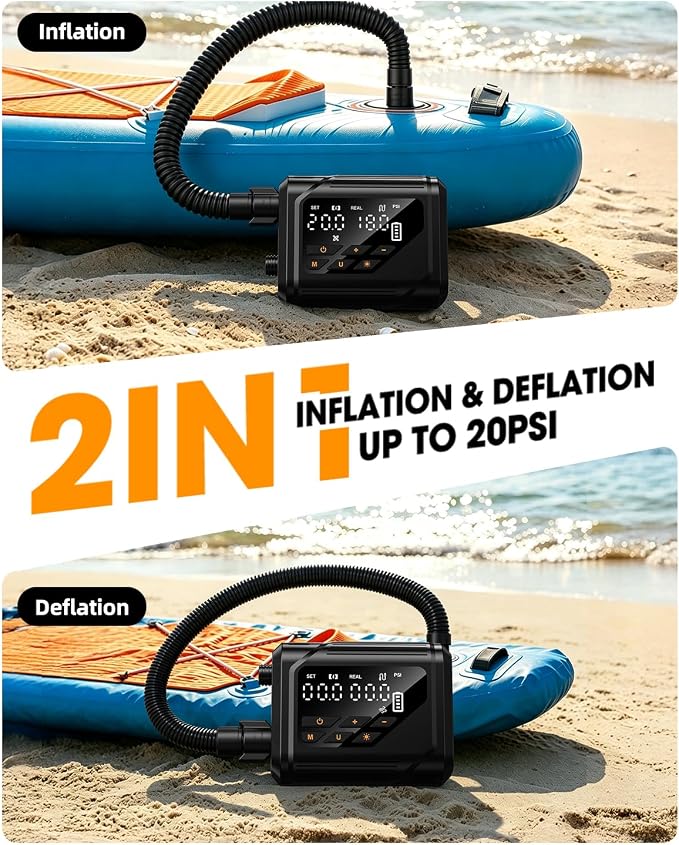 Electric Paddle Board Pump, Rechargeable SUP Pump with 12V Car Power, Auto-Off to 20 PSI, Dual-Stage Portable Air Pump with Deflate, 7 Nozzles for Paddle Boards, Kayaks & Inflatables
