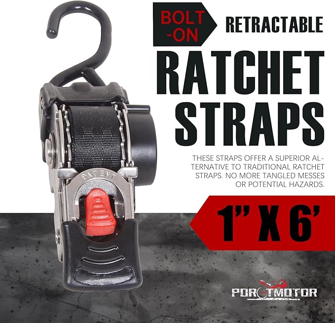2 Pack Retractable Transom Straps (1" x6'), Stainless Steel Boat Tie Down Straps to Trailer, Salt Water Corrosion Resistant Bolt-On Ratchet Strap for Boats, Motorcycles, ATVs, UTVs,Cargo