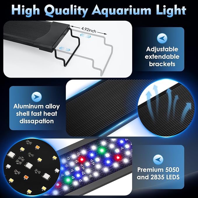 AQQA LED Aquarium Light 72W for 48-55 Inch Fish Tank, 24/7 Mode&DIY Mode Full Spectrum Fish Tank Light, IP68 Waterproof High Lumen Aquarium Plant Light, Adjustable Brightness/Timer, Memory Function