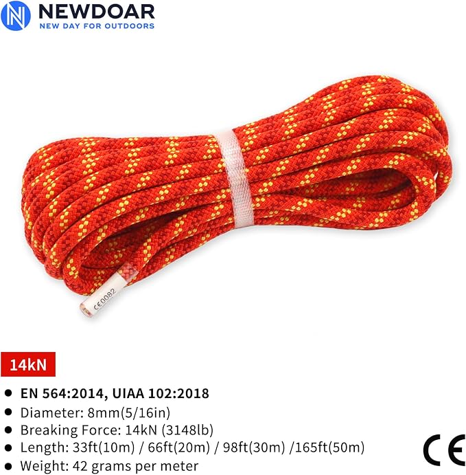 NewDoar CE & UIAA Certificated 5/16(8mm) Static Climbing Rope 14KN High Strength Accessory Cords 33FT/66FT/98FT/165FT Safety Rope for Rock Climbing, Outdoor Survival, Hiking, Mountaineering