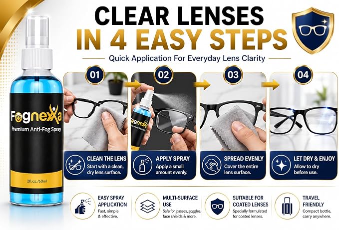 2fl Oz Fognexxa Premium Anti Fog Spray for Glasses, Goggles, VR Headsets & Face Shields, 24 Hour Fog Protection, Safe for Coated Lenses, 400+ Applications, Made in USA