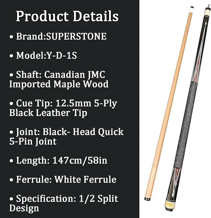 SUPERDIAMOND Pool Cue Stick Set Billiard Cue Sticks with Hard Case, 2-Pieces 58" Pool Table Sticks, 12.5 mm Tip Pool Queue,Pool Stick Set for Home Recreation, Billiards Clubs, Training