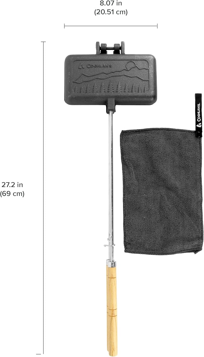 Coghlan's Cast Iron Camp Cooker - Pre-Seasoned Pie Iron Sandwich Maker with Heat-Resistant, Removable Handles, Easy-to-Clean for Toasted Pies, Grilled Sandwiches, and Meats, For Campfire Cooking