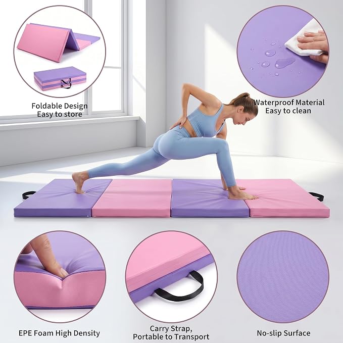 Gymnastics Mat, 6x2/3Ft 2-Inch Thick 4-Fold Exercise Floor Mat for Home Gym, Portable Yoga Mat for Pilates, Aerobics, Martial Arts & Training