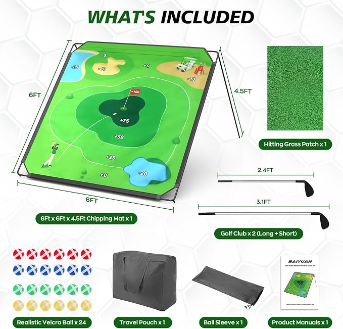 BaiYuan 71''x71'' Golf Chipping Game Set for Dads & Junior Golfers, Indoor, Outdoor Backyard & Lawn Fun with 2 Golf Clubs, 24 Sticky Balls, Putting Mat & Carry Bag, Family Yard Target Game