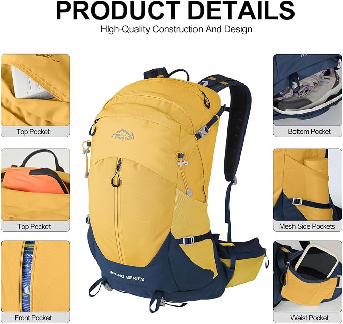 IX INOXTO Hiking Backpack, Camping Backpack, 30L Waterproof Hiking Daypack with 3L Water Bladder and Rain Cover (Yellow)