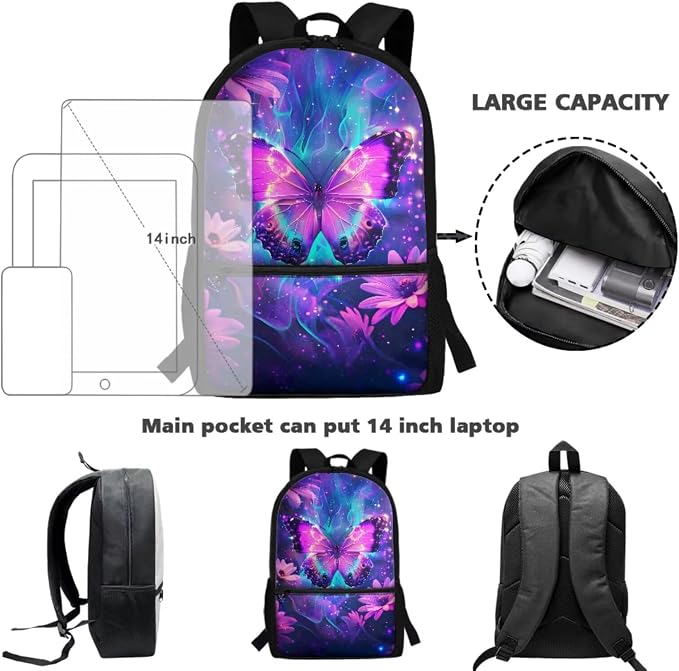 Galaxy Butterfly Backpack for Girls School Bag with Lunch Box Pencil Case Water Bottle Holder 4 PCS Bookbag Casual Boys Daypack Back to School Accessories