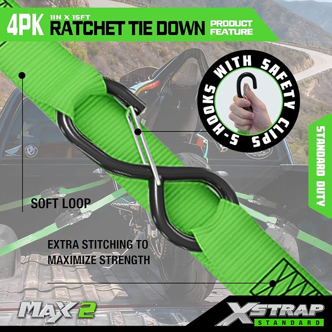 XSTRAP STANDARD Ratchet Tie Down Straps - 4 Pk - 1'' x 15 Ft 1890 Lbs Break Strength-Cargo Straps with Integrated Soft Loops, Padded Handles & Coated S Hook W/Safety Clip for Motorcycle, Truck (Green)