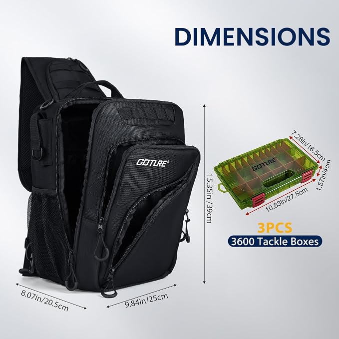Goture Black Fishing Bag with Tackle Boxes, Crossbody Sling Tackle Backpack for Men, 20L Large Capacity Fits 3600 Trays, Durable Fishing Gear Storage, Best Fishing Gifts for Anglers
