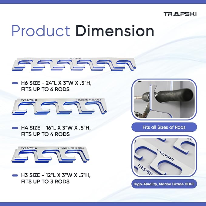 TRAPSKI Made in the USA Premium Fishing Rod/Pole Holder Rack Organizer | Wall or Boat Mounting Fishing Rod Rack | Marine Grade HDPE Plastic | Rod Holder for up to 8 Rods | Stackable - 2 Pack