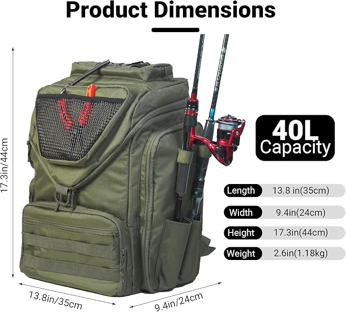 kokkoya 40L Fishing Backpack Tackle Box Back Pack Tacklebox for Men Dad with 2 Rod Holders Two Tier Storage 3 Clear Pockets Kayak Fishing