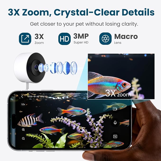 litokam F1.0 Aperture Fish Tank & Reptile Pet Camera.2K 3MP Anti-Glare Aquarium Terrarium Camera with Close-Focus Lens, 147° Ultra-Wide Angle, 3X Zoom, 2.4G/5GHz WiFi