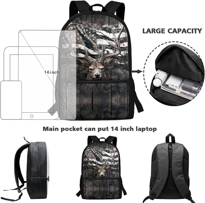 Camo Deer Hunting Kids Bookbag School Backpack with Lunch Box for Girls,American Flag Deer Childrens Backpack for Boys School Bags with Pencil Case and Bottle Holder Set of 4