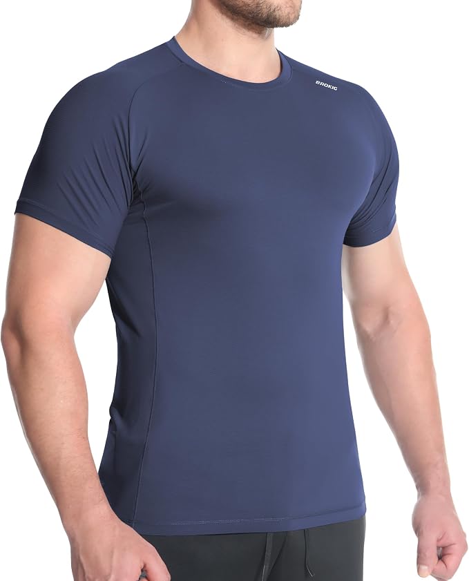 BROKIG Mens 4.9oz Cooling Gym Workout Shirts,Bodybuilding Athletic Running Shirt Casual Crew Neck Fitted Short Sleeve