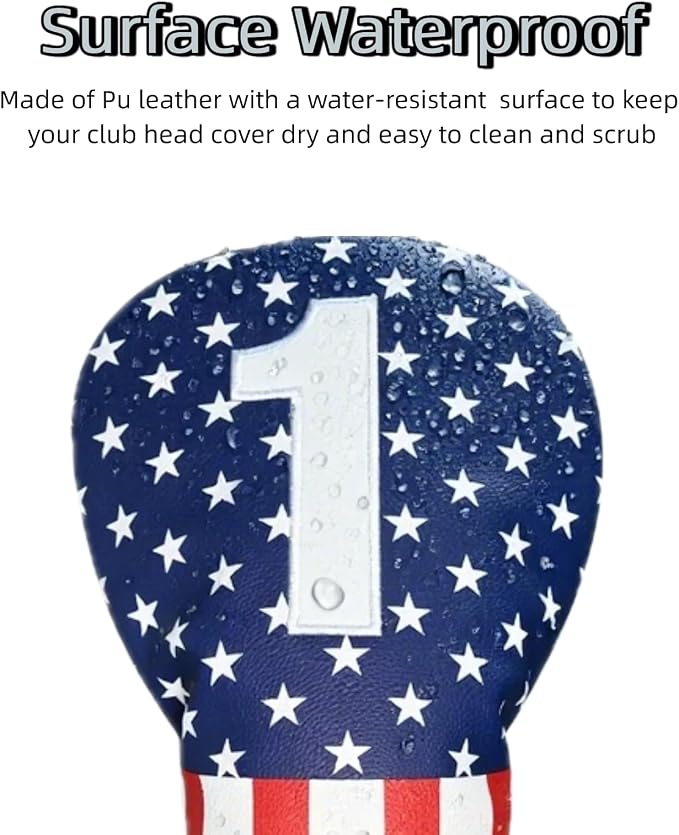 Golf Head Covers, Headcover for Woods and Driver Hybrid Set, Waterproof Club Head Covers, 4pcs or 1pc PU Leather USA Stars and Stripes 1 3 5 X for Most Golf Clubs