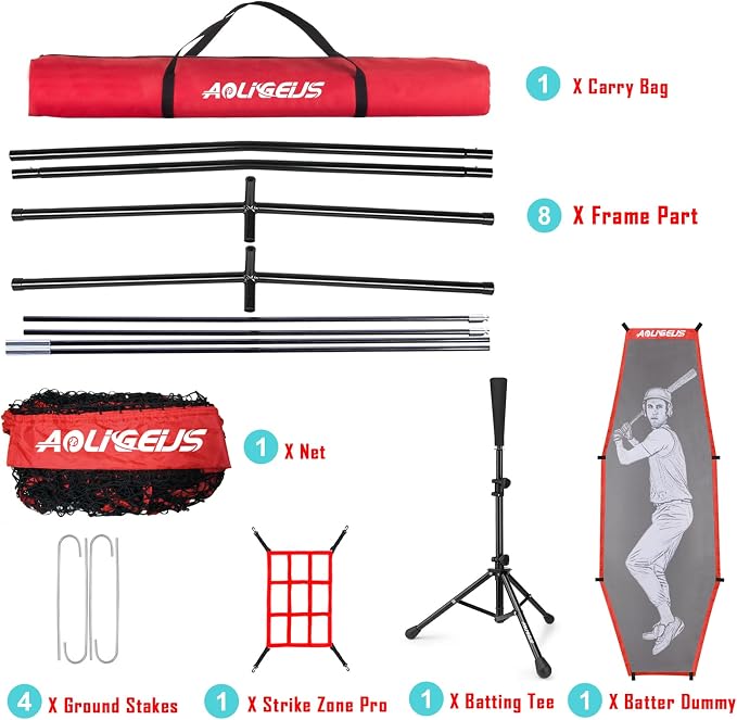 7'X7' Baseball Softball Practice Net,Pitching Net,Batting Net,with Baseball Tee,Bonus Strike Zone and Bow Frame,for Hitting,Pitching, Catching
