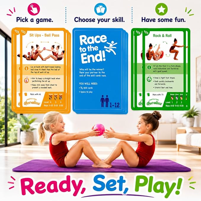 Shuffle Up Gymnastics Card Games - 70+ Fun & Active Skills Cards for Kids, Fitness Cards Develop Fundamentals, Stamina & Strength, Easy to Play for Kids | Multiple Skills Level Card Include 2 Dices