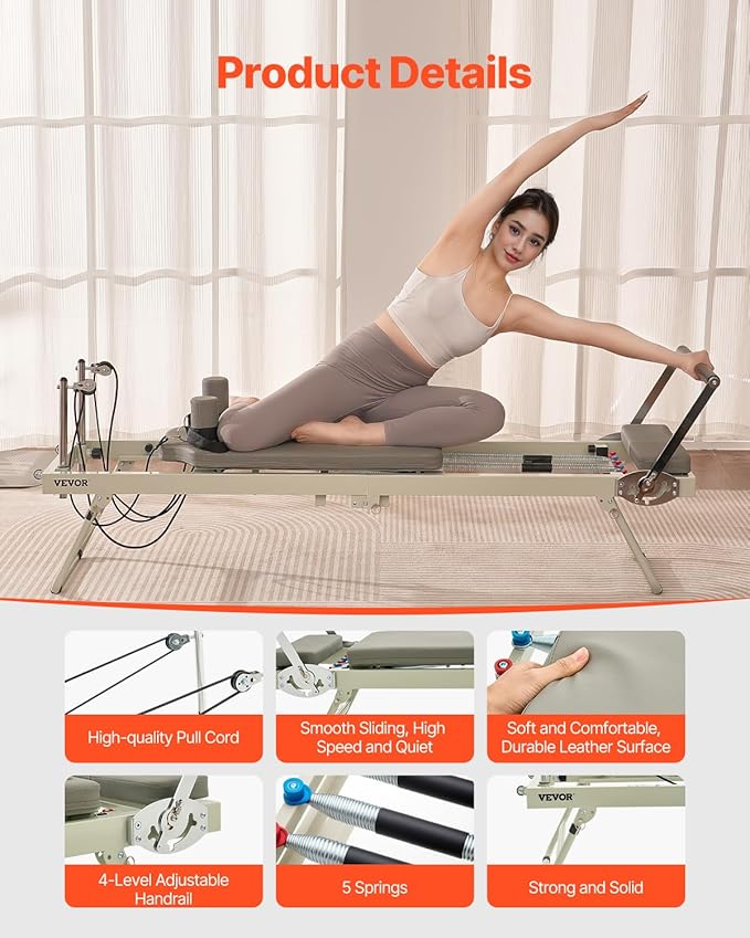 VEVOR Pilates Reformer Foldable, Suitable for Intermediate and Beginners Users, Pilates Equipment for Home Gym Studio Use with 4 Adjustable Resistance Spring, Up to 400 LBS