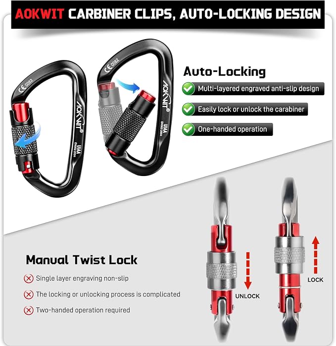 30KN Auto Locking Carabiner Clip Twist Lock UIAA Certified Large Climbing Carabiner Heavy Duty Carabiner for Rock Tree Climbing Rappelling Mountaineering Caving Rescue Arborist Aerial Yoga