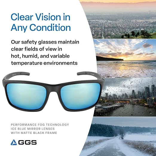 Bullhead Safety Eyewear Pompano Glasses – Polarized, Anti-Fog, Lightweight, Scratch Resistant, UV Light Blocking Sunglasses for Driving, Golf, Boating, Outdoor Work, Ice Blue Mirror Lens