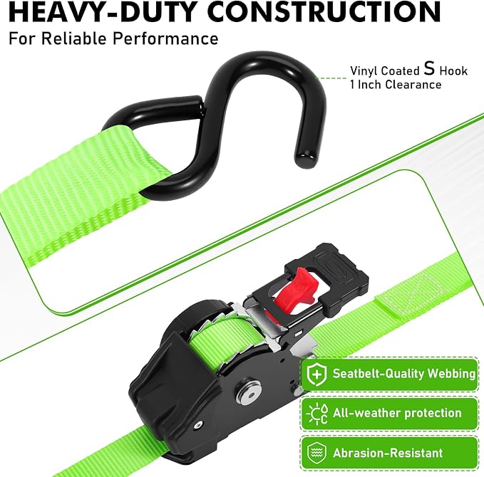 LEVELEVE Retractable Ratchet Tie Down Straps (1" x 10FT, 2-Pack, Green) - Heavy Duty 1760LBS Break Strength Quick-Lock, Weather Resistant for Moving, Cargo, Trucks & Boats