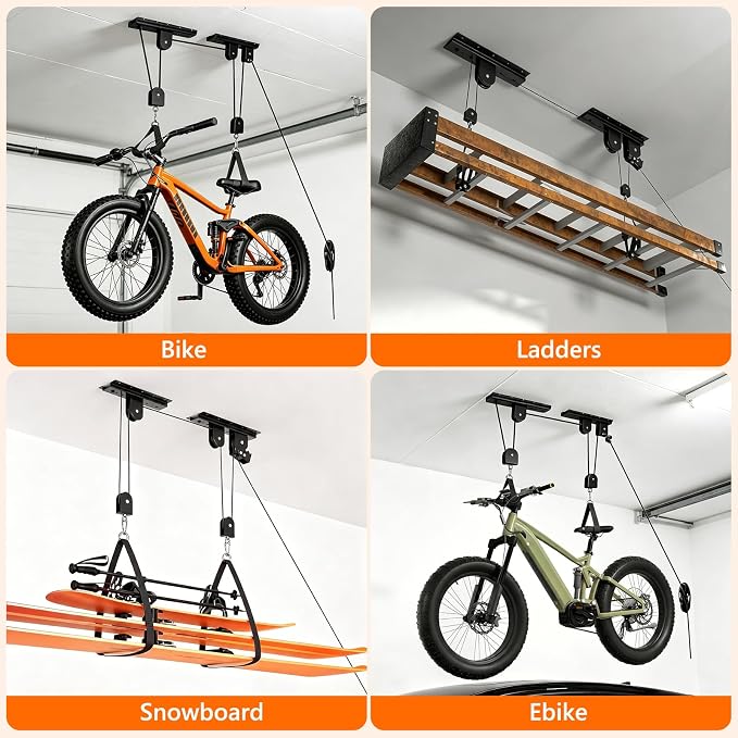 Bike Hoist,Ceiling Mount Bike Hanger,Heavy Duty Bike Hangers for Garage,Bike Pulley System for Garage,Holds Up to 100 lbs,Ceiling Bike Hanger for Ebike,Road Bike,Fat Tire,Snowboard(2 Pack)