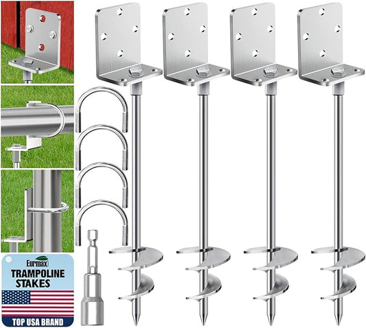 Eurmax USA 4 Pack Heavy Duty Ground Anchors, Rust-Proof L-Shaped Screw-in Spiral Ground Stakes for Trampoline, Shed, Swing Set & Carport,High Wind Resistant Metal Auger Anchors (Silver)