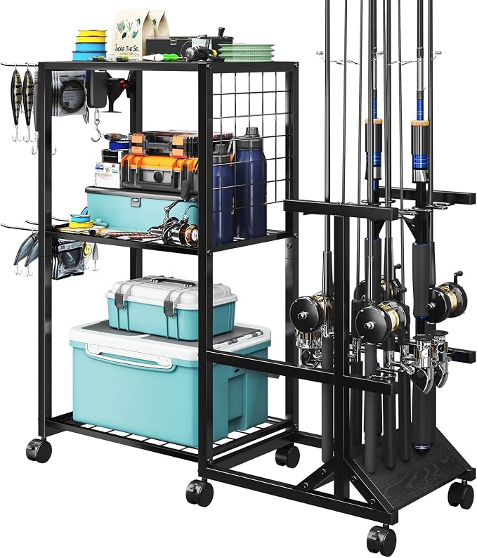 TC-HOMENY Fishing Rod Holders for Garage with Lockable Wheels, Heavy Duty Fishing Pole Rack Cart Holds Up to 10 Rods, Large Fishing Tackle Gear Organizer Storage rack for Room, Garage, Basement, Black