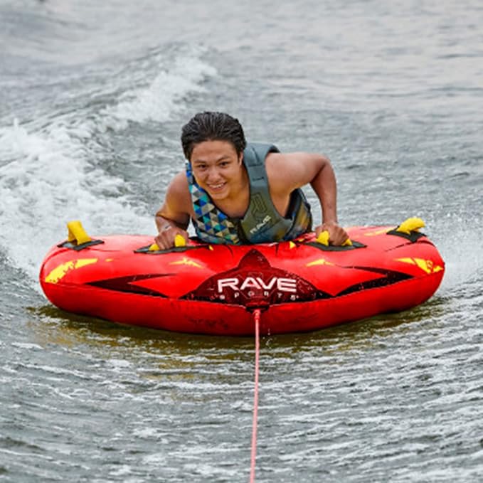 RAVE Sports Razor Inflatable Towable Tube, 1-2 Riders, Unique Skim-Fast Bottom Coating, Nylon Cover, Four Foam-Filled Reinforced Handles, Quick Connect Tow Point, Boat Tubes and Towables