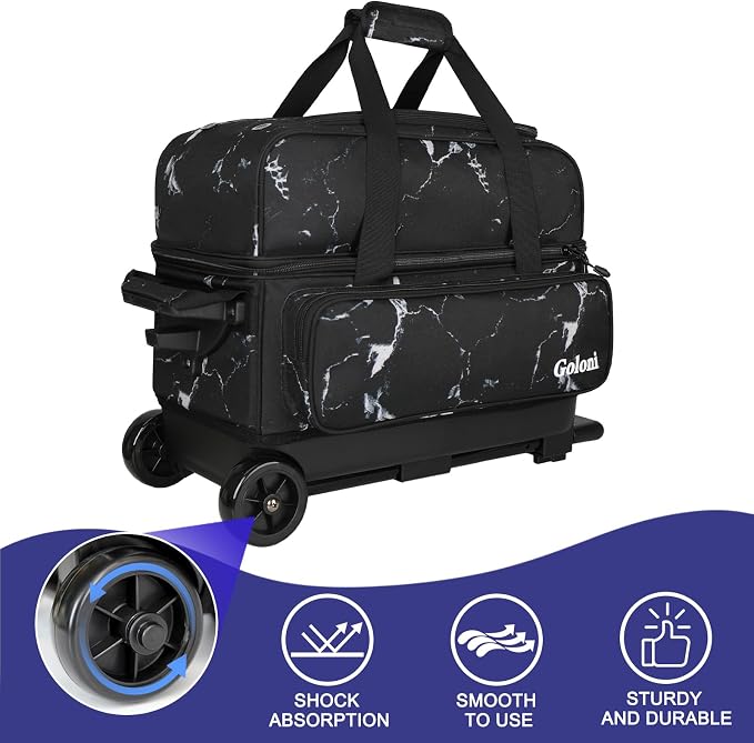 Goloni Double Roller 2 Ball Bowling Bag with Separate Shoe Compartment,2 Ball Bowling Bag with Wheels,Retractable Handle Extends to 40"