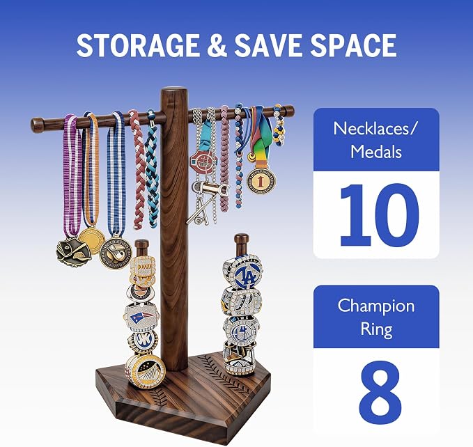 Walnut Baseball Ring Holder Wooden Baseball Softball Drip Necklace & Championship Ring Holder, Softball Jewelry Organizer Display, Solid Wood Baseball Necklace Holder Gift - 3 Rods + 1