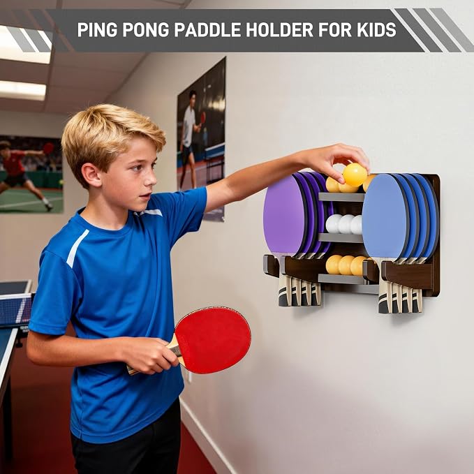 Ping Pong Paddle Holder for 8 Paddles and 12 Ball Storage, Wooden Table Tennis Racket Display Wall Mount Storage Rack, Ping Pong Accessories Organizer in Game Room,Man,Cave,Office,Home, Brown
