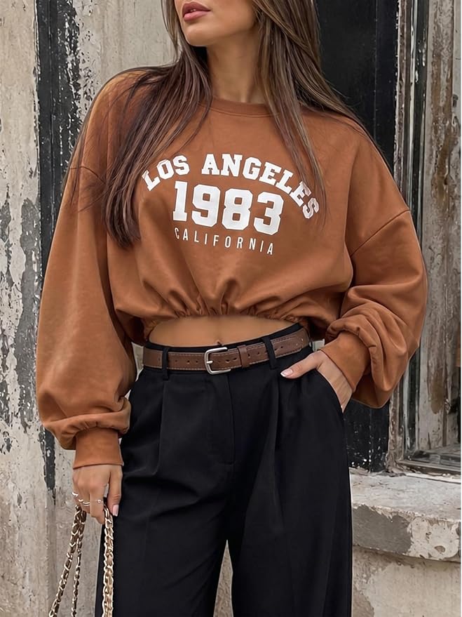 Flowyair Womens Crewneck Sweatshirt Los Angeles Elastic Waist Crop Tops | Long Sleeve, Loose Fit, Fall Spring, Pullover Tops, Round Neck, Elasticated Hem