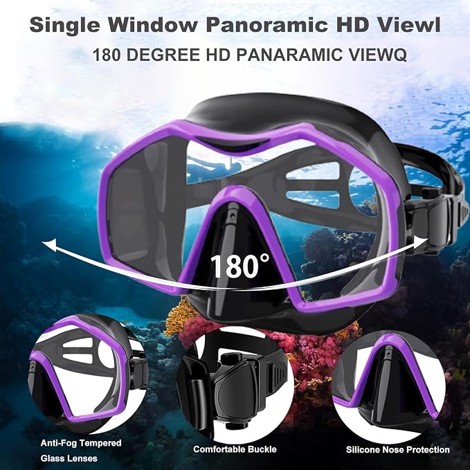 Snorkeling Gear for Adults,Mask Fins Snorkel Set,Panoramic View Diving Mask Anti-Fog,Dry Snorkel,Adjustable Swim Flippers and Travel Bag,Adults Snorkel Gear for Swimming Snorkeling Diving