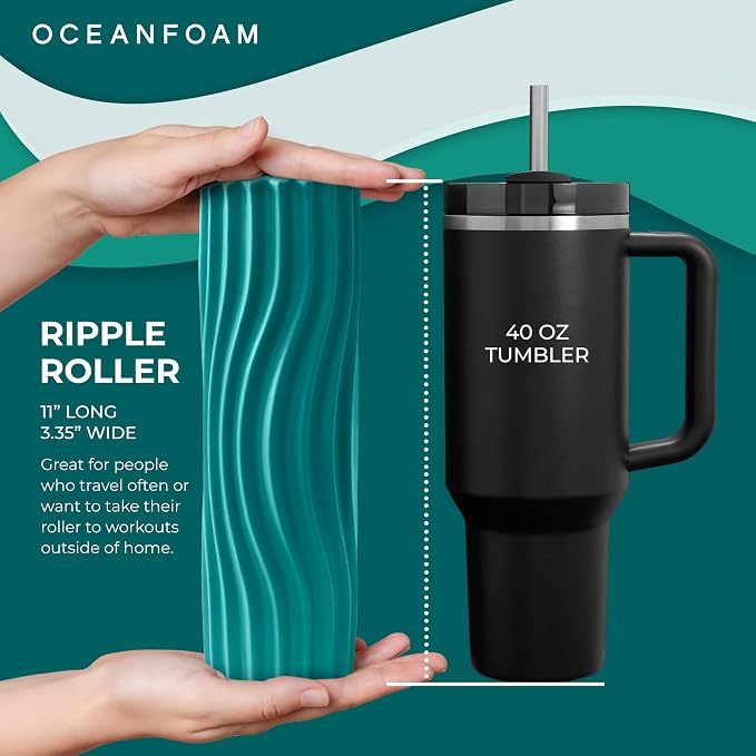 Oceanfoam Ripple Travel Foam Roller (11" x 3.35") Firm Mini Foam Roller for Physical Therapy, Deep Tissue Massage, Back Pain - High Density, Ergonomic Wave Textured - Yoga, Pilates, Exercise (Jade)