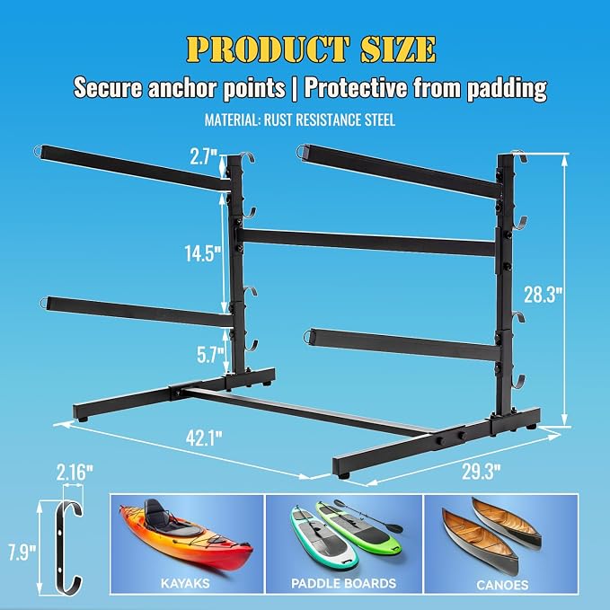 Kayak Storage Rack, Heavy Duty 2 Level Freestanding Rack for Garage and Outdoor Storage, Holds Kayak, Canoe, Surfboard & Paddleboard, Steel Construction with Felt Padding